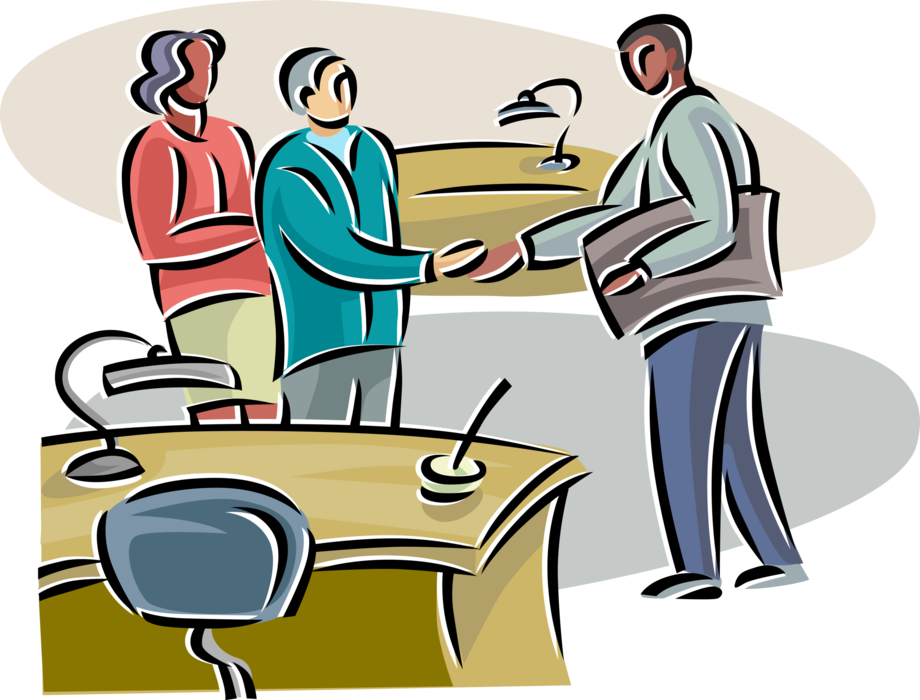 Vector Illustration of Sales Call on Clients in Office with Handshake Greeting