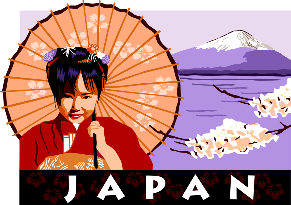 Vector Illustration of Japan Postcard Design with Japanese Geisha and Mount Fuji Volcano