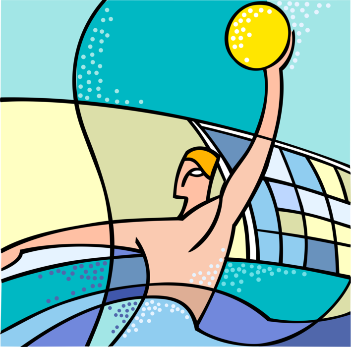 Vector Illustration of Water Polo Team Water Sport Player Returns the Ball in Swimming Pool