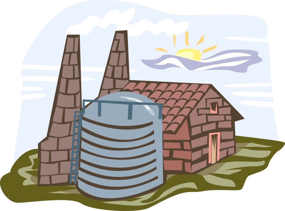 Vector Illustration of Farming Operation Farm Barn with Chimney Smokestacks and Water Tank