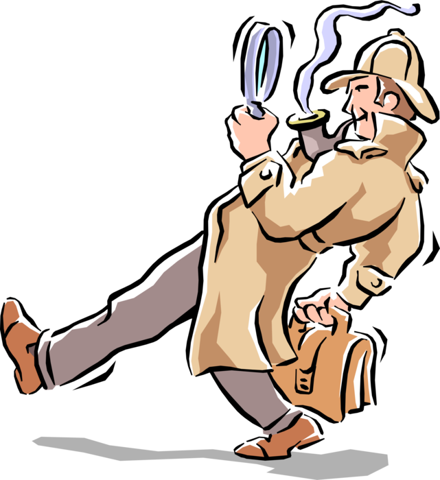 Vector Illustration of Sherlock Holmes Detective Follows Clues with Magnifying Glass