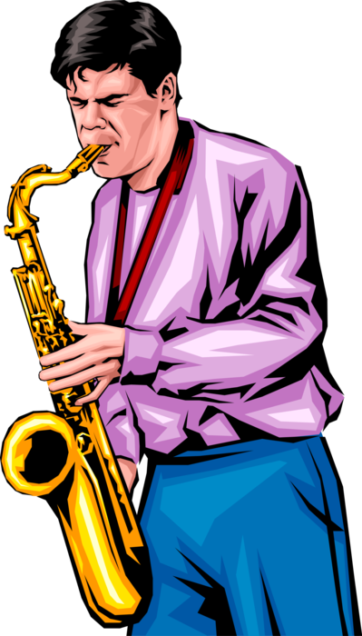 Vector Illustration of Musician Plays Saxophone Brass Single-Reed Mouthpiece Woodwind Instrument