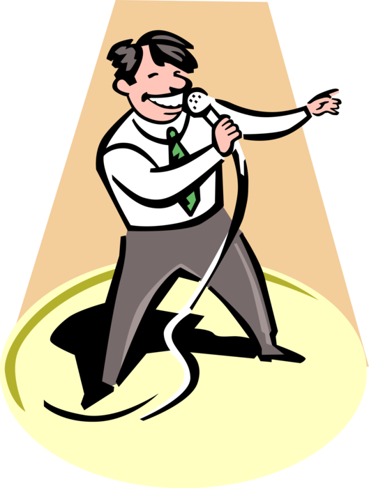 Vector Illustration of Businessman Karaoke Singer with Microphone Performs for Audience