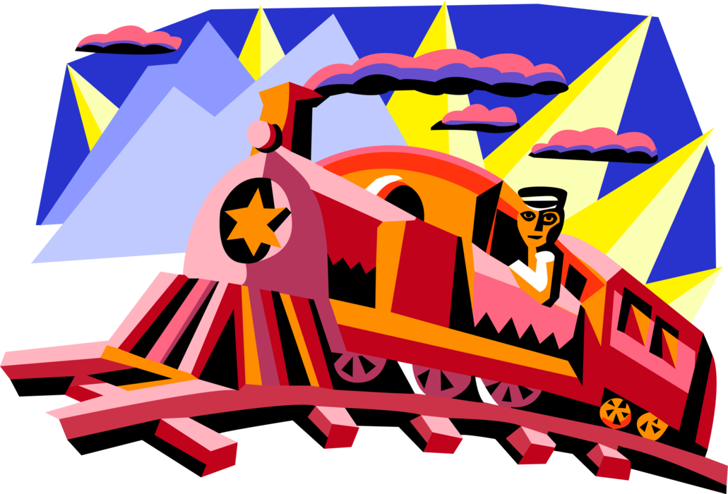 Vector Illustration of Engineer with Railroad Rail Transport Speeding Locomotive Railway Train
