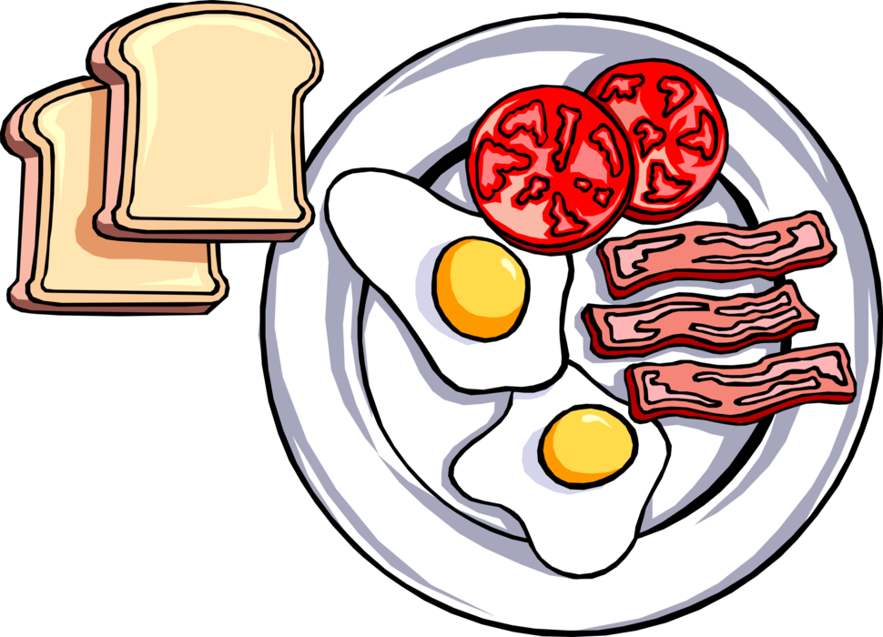 Vector Illustration of Hearty Breakfast of Toast, Fried Eggs, Bacon and Tomato Slices