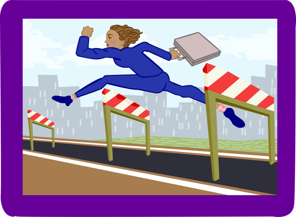 Vector Illustration of Businesswoman Track and Field Hurdler Jumps Hurdles in Track Meet Race