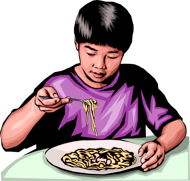 Vector Illustration of Japanese Boy Eats Meal of Ramen Noodles