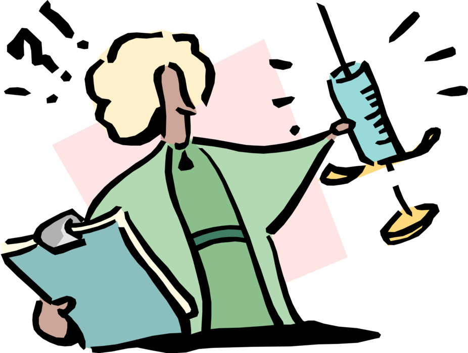 Vector Illustration of Businesswoman Doctor with Clipboard Portable Writing Surface and Hypodermic Needle