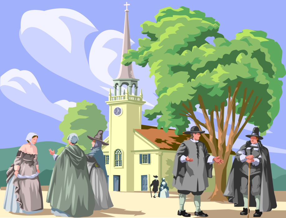 Vector Illustration of American History with Town Settlers and Country Christian Church