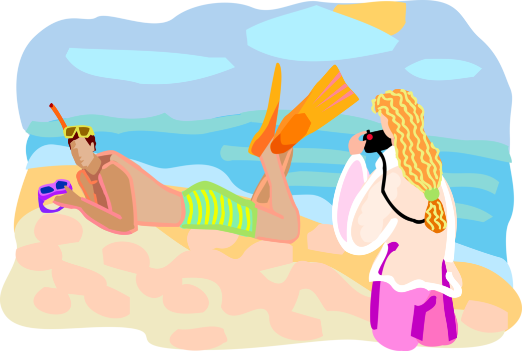 Vector Illustration of Beach Vacation with Girlfriend Taking Photo of Snorkeler with Mask and Fins