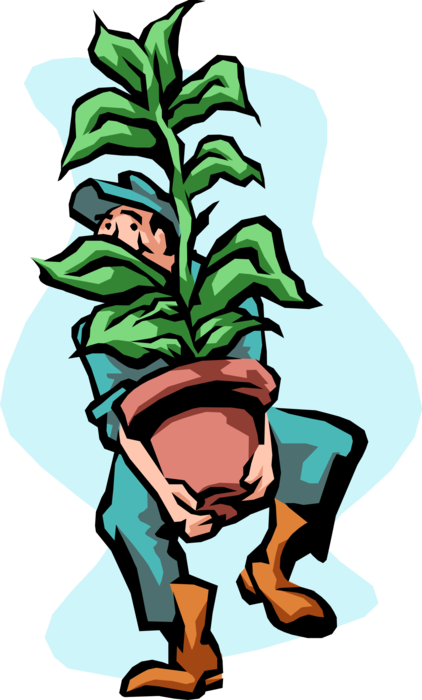 Vector Illustration of Office Mover Moving Potted Plant in Clay Pot
