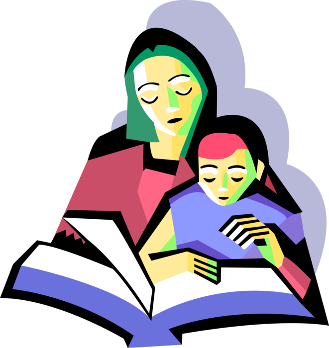 Vector Illustration of Parent Mother with Child Reading Storybook Together