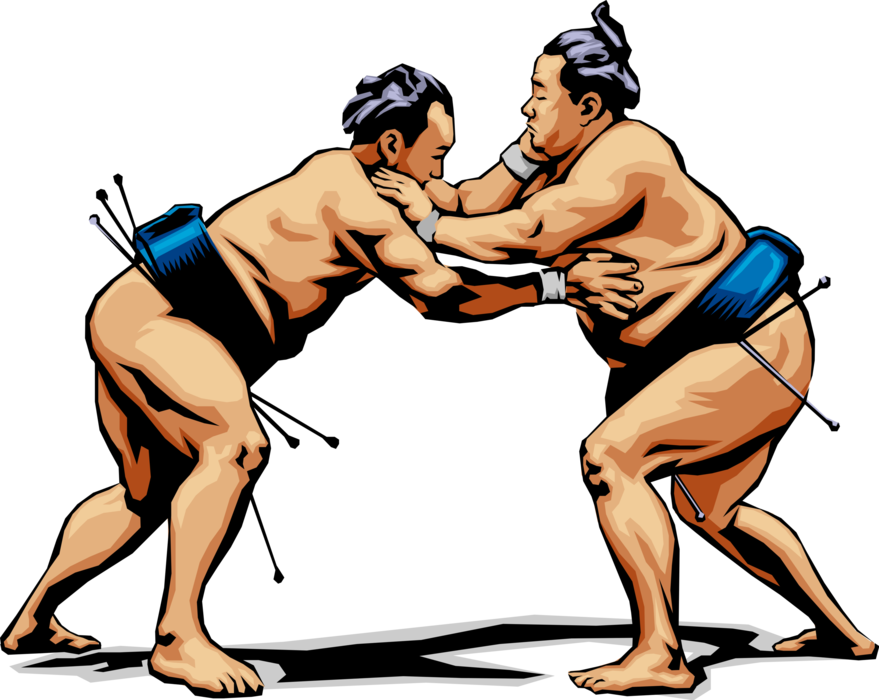 Vector Illustration of Japanese Sumo Wrestlers Wrestle in Competition