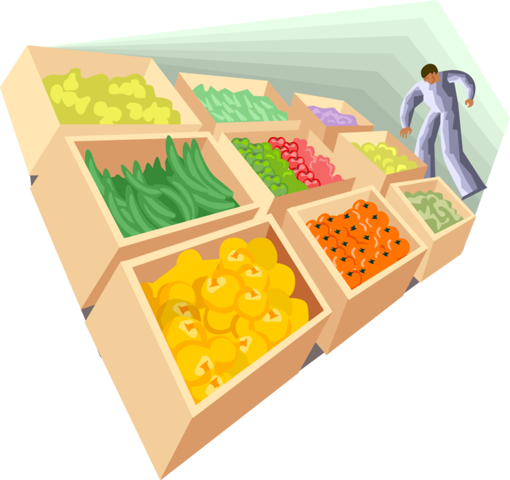 Vector Illustration of Figure at Fresh Produce Market with Fruits and Vegetables