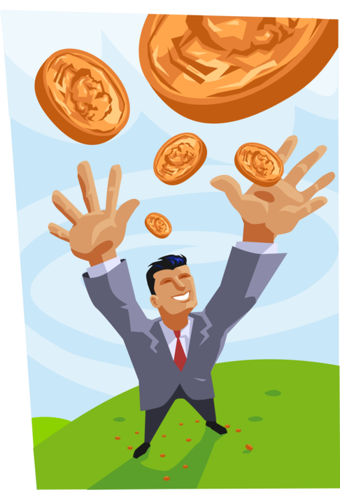 Vector Illustration of Businessman Hits the Jackpot Winning Falling Pennies from Heaven