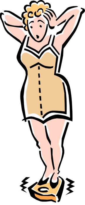 Vector Illustration of 1950's Vintage Style Woman on Weight Scale Not Too Pleased with Curvy Physique