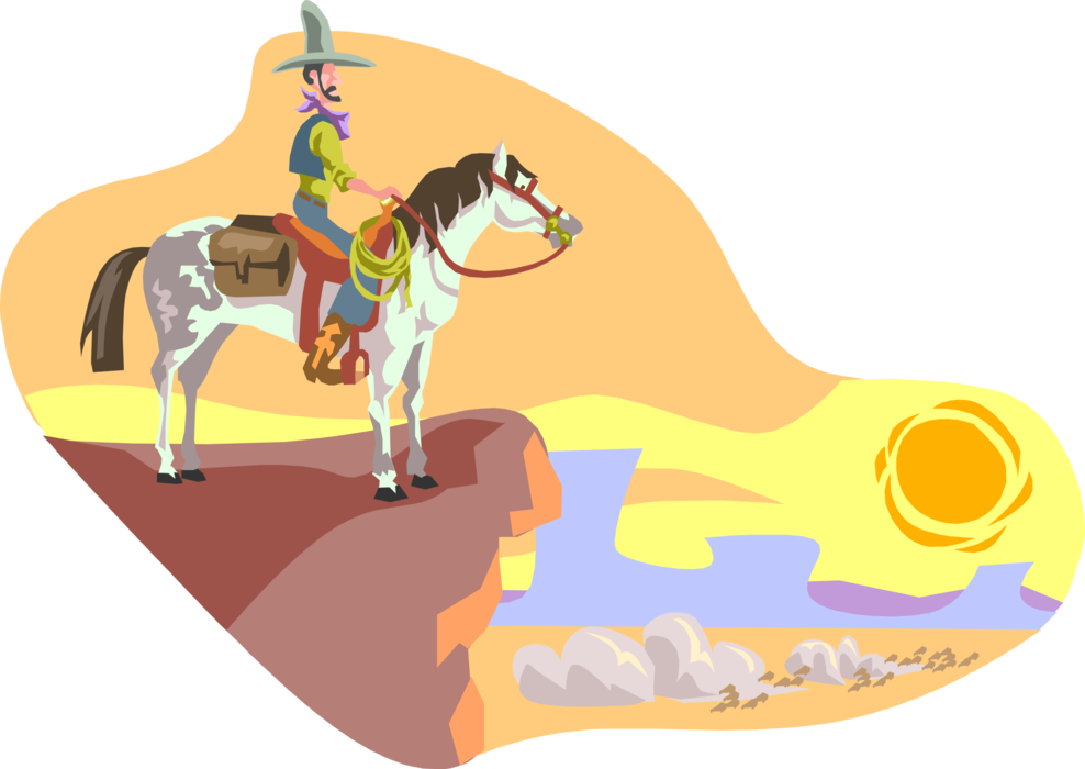 Vector Illustration of Old West Cowboy on Horse in Western Desert Landscape with Sun