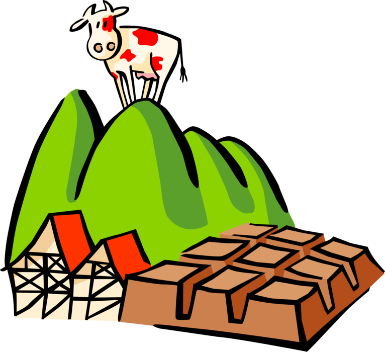 Vector Illustration of Swiss Alps Farm Agriculture Livestock Animal with Dairy Milk Chocolate Bar and Mountain Pasture