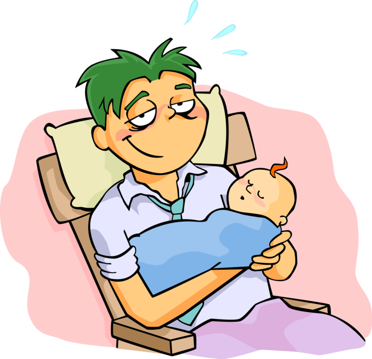 Vector Illustration of Exhausted Stay-at-Home Dad Rocks the Baby to Sleep