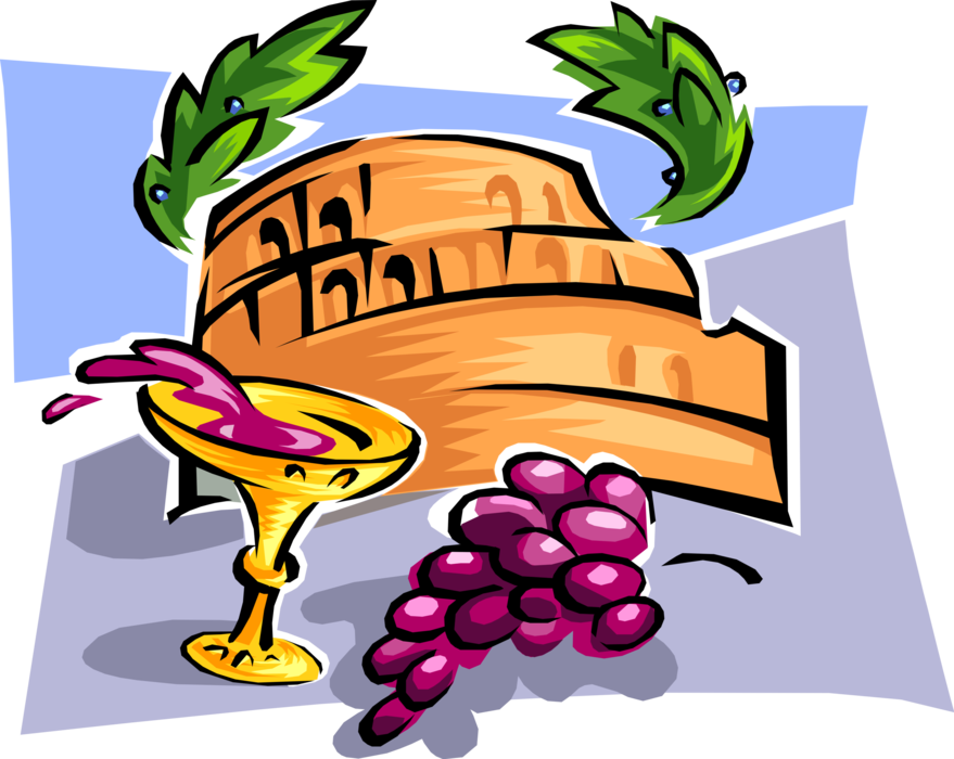 Vector Illustration of Wine and Fruit Grapes with Coliseum or Flavian Amphitheatre in Rome