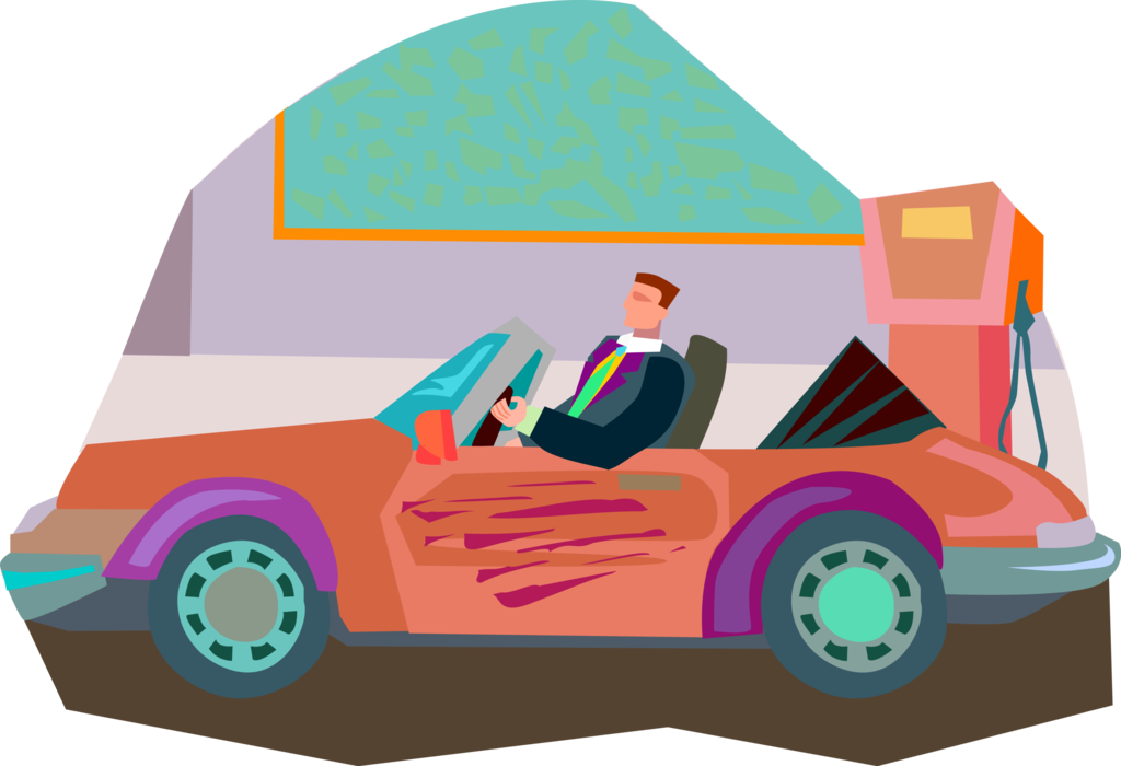 Vector Illustration of Businessman at Service Station for Gasoline Petrol Fill-Up