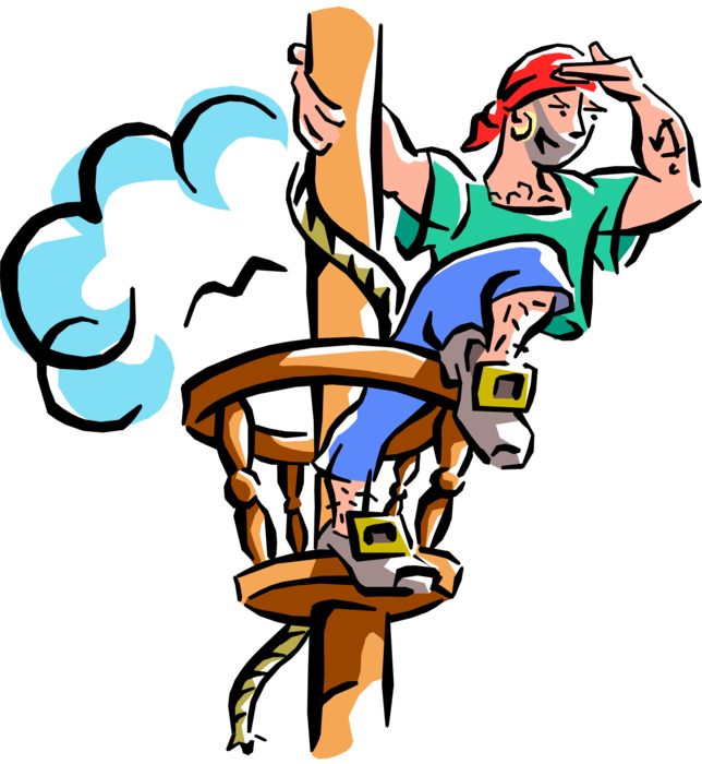 Vector Illustration of Pirate Ship Swashbuckling Lookout Buccaneer Aloft in Crow's Nest Keeps Watch