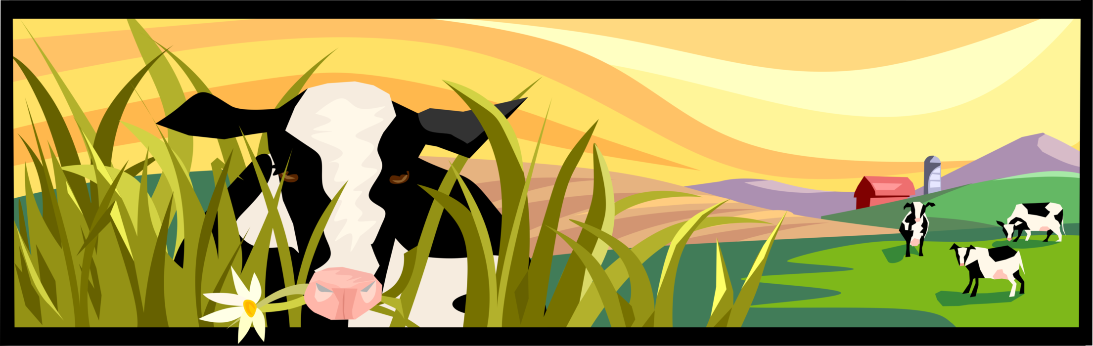 Vector Illustration of Domestic Farm Livestock Animal Cows Grazing in Field with Farm Barn