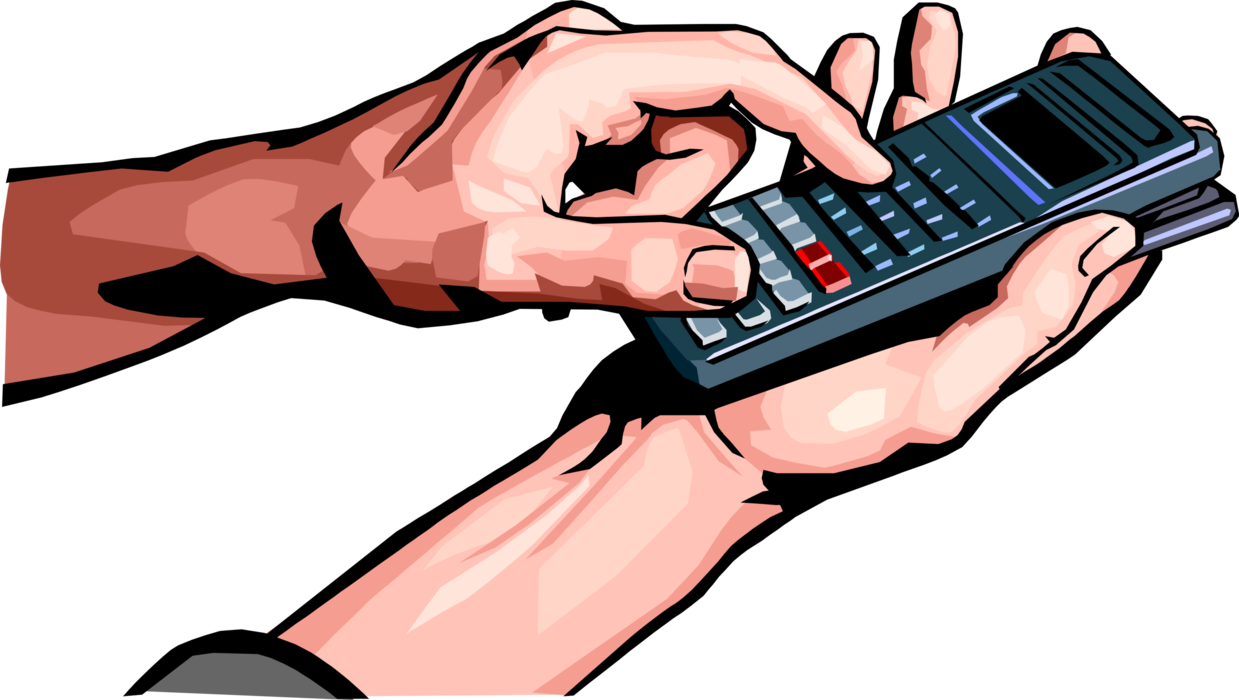 Vector Illustration of Hands with Calculator Portable Electronic Device Performs Basic Operations of Mathematics