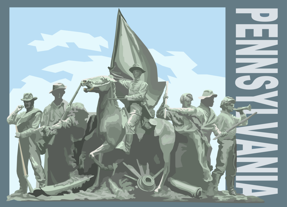 Vector Illustration of State of Pennsylvania Postcard Design American Civil War Memorial Statue at Gettysburg