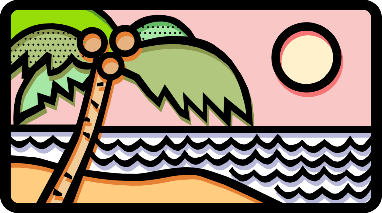 Vector Illustration of Tropical Island Beach with Coconut Palm Tree and Sun