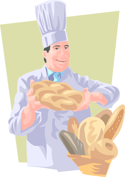 Vector Illustration of Baker Presenting Freshly Baked Bread and Pastry