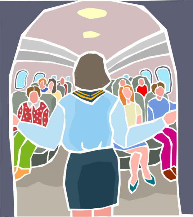 Vector Illustration of Airline Jet Aircraft Airplane Stewardess Addressing Passengers in Cabin