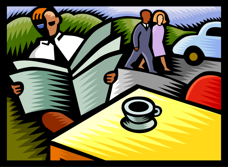 Vector Illustration of Reading the Morning Paper with Coffee while Commuters Walk to Work