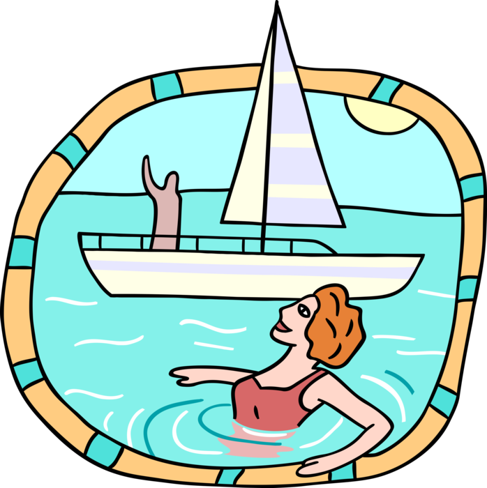 Vector Illustration of Sailboat Passenger Waving to Swimmer in Ocean