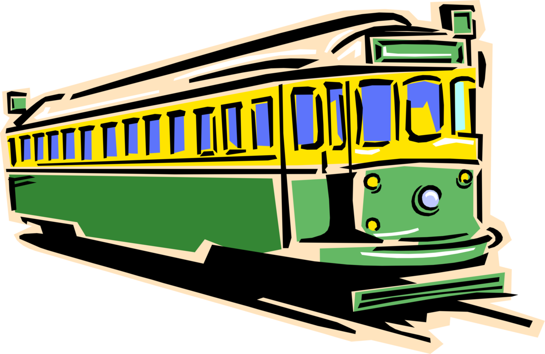 Vector Illustration of Electric Streetcar Tram Trolley Runs on Tracks Along Public Urban Streets