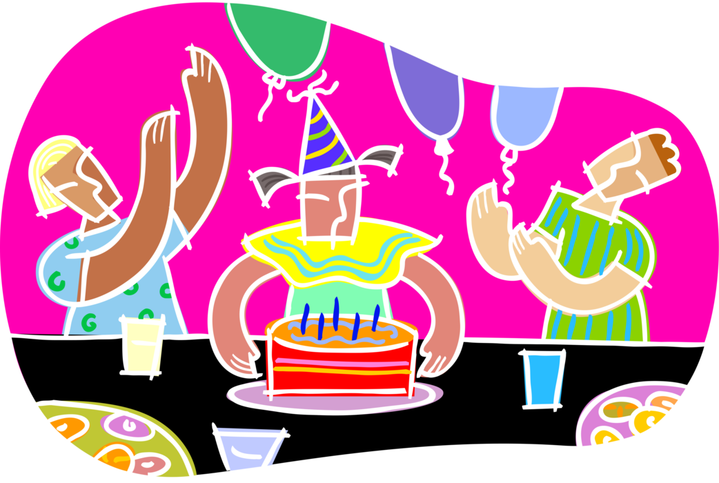 Vector Illustration of Birthday Party Celebration with Cake and Balloons