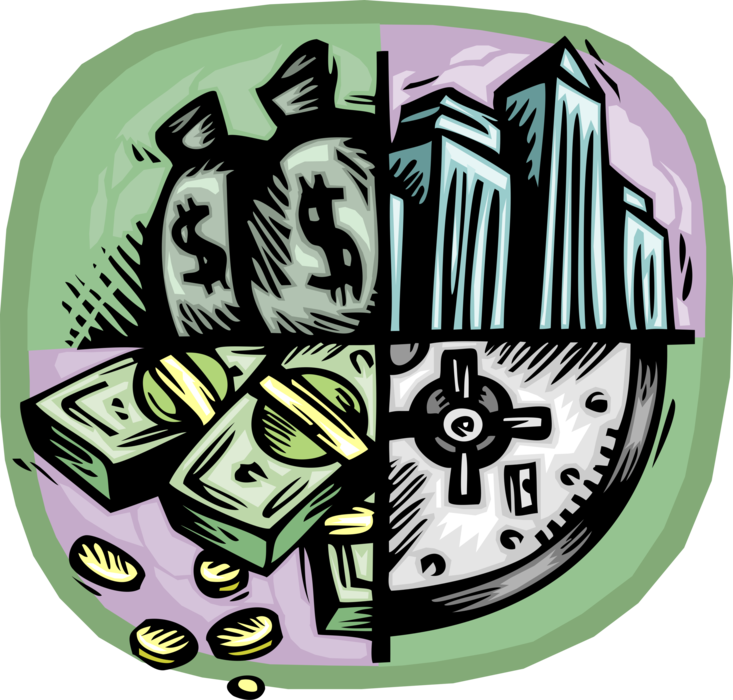 Vector Illustration of Money Bags with Financial Institution Building, Bank Vault and Cash Money