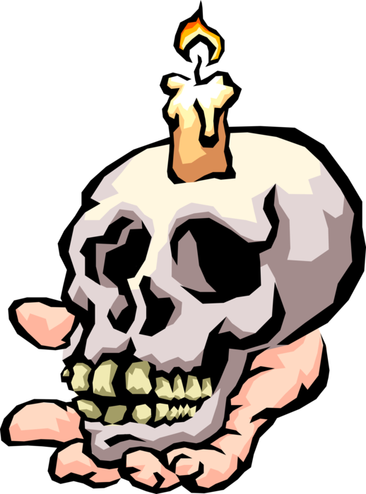 Vector Illustration of Human Skull Held in Hand with Burning Candle Flame