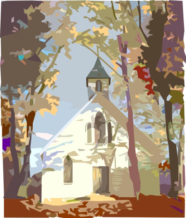 Vector Illustration of Christian Church Cathedral House of Worship in Autumn with Fall Leaves Changing Color