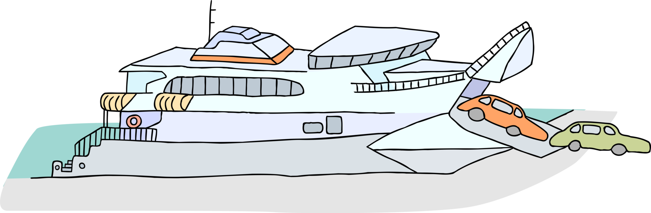 Vector Illustration of Docking Ferry or Ferryboat Transports Car Automobiles and Passengers Across Water