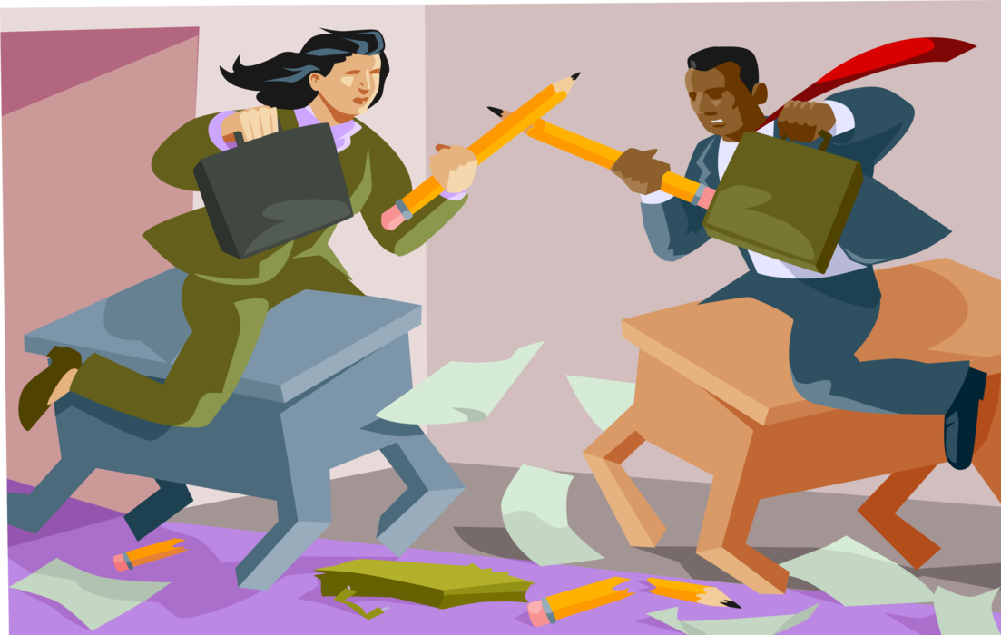 Vector Illustration of Business Competitors Battling It Out Over Contract Proposal Writing