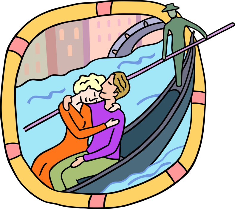 Vector Illustration of Romantic Couple in Italian Venetian Gondola Canal Boat with Gondolier