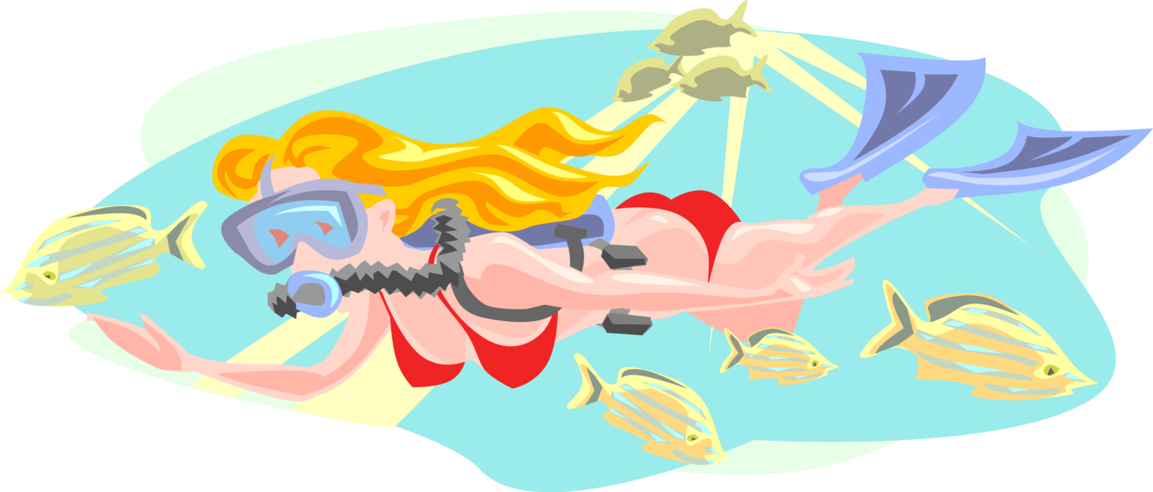 Vector Illustration of Underwater Scuba Diver Swimming with Marine Aquatic Tropical Fish