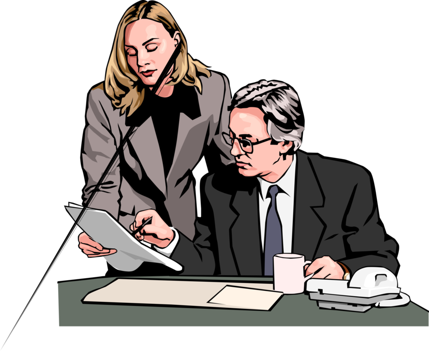 Vector Illustration of Businessman and Woman Reading Document at Desk