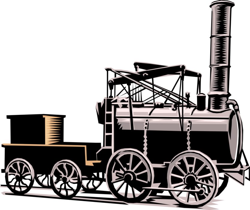 Vector Illustration of Vintage Steam Engine Locomotive Train Engine on Railway Tracks