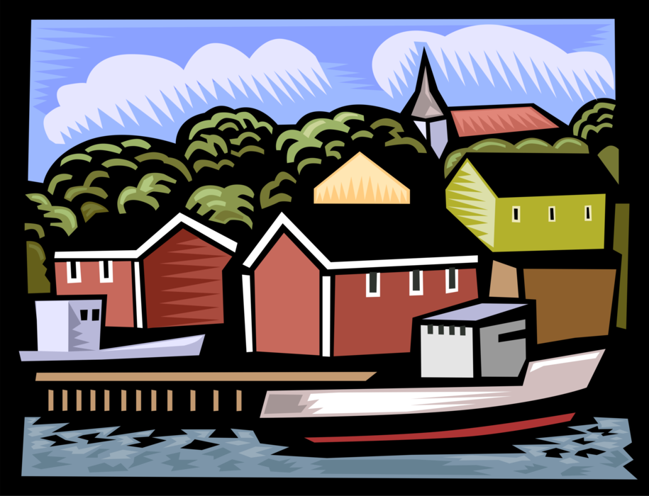 Vector Illustration of Commercial Fishing Industry Seaside Village with Boat