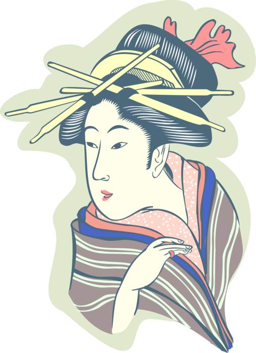 Vector Illustration of Japanese Courtesan Geisha Hostess in Traditional Garment Kimono Dress