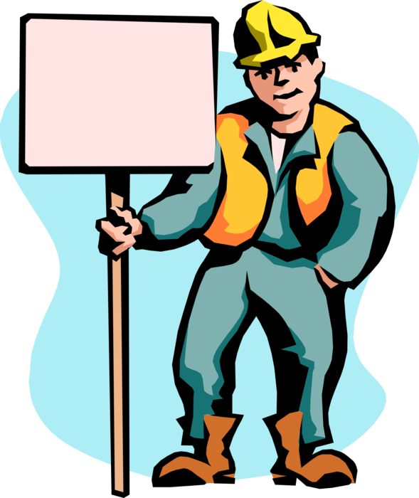 Vector Illustration of Road Crew Construction Worker Holds Traffic Caution Sign