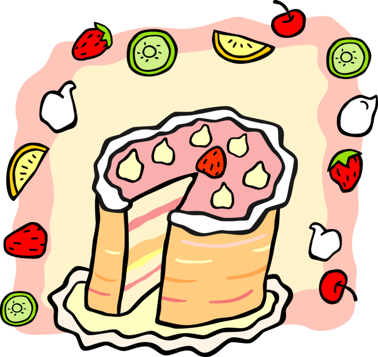 Vector Illustration of Sweet Dessert Cake with Fruit Strawberries, Kiwi, Cherries and Lemon