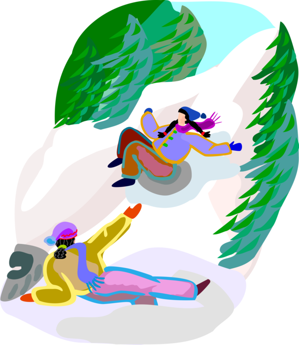Vector Illustration of Winter Sports Children Tubing and Tobogganing on Snow Covered Hill